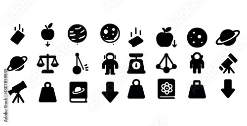 Space and science icons: planets, science tools, law symbols, and more illustrations