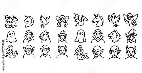 Fantasy icon set with dragons, unicorns, fairies, ghosts, and creatures