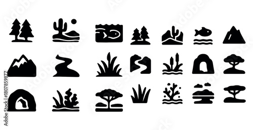 Collection of simplified nature icons featuring trees, cacti, fish, and mountains