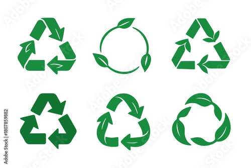 Recycling Icons Collection. Recycling process. Icon set. Set Logo of recycling process: circular ecosystem with arrows and leaves. harmonious logo variations
