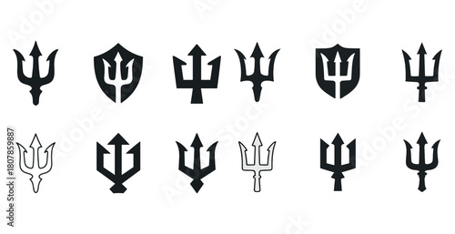 Collection of trident icons and shields in various black and white designs