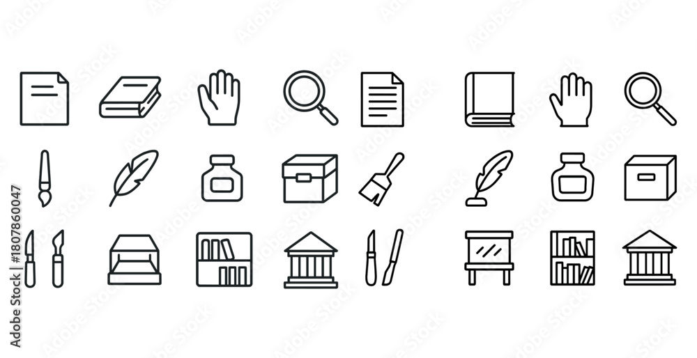Naklejka premium Black and white icon set featuring office and library tools