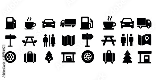 Public service icons set: vehicles, people, maps, and facilities