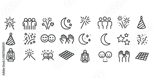 Diverse celebration icons: people, fireworks, moon, lanterns, stars
