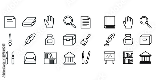 Black and white icon set featuring office and library tools