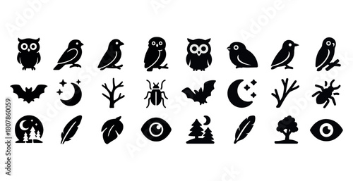 Silhouette icons of birds, insects, trees, and moon phases in rows