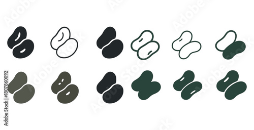 Set of stylized bean vector icons in various shapes and colors