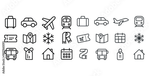 Travel icons set: transportation, luggage, maps, tickets, calendar, plane, bus, train, home, snowflake symbols