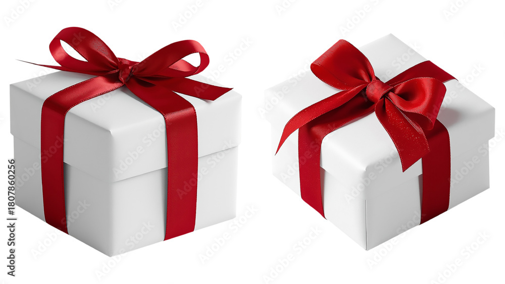 Obraz premium Matte White Christmas Gift Box with Red Velvet Ribbon PNG Photorealistic isolated transparent background, editable vector artwork ai illustration file, Christmas gift box photorealistic