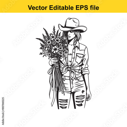 A captivating cowgirl silhouette, isolated on, gracefully holding a bouquet of wildflowers, embodying rustic charm and feminine allure in a timeless design