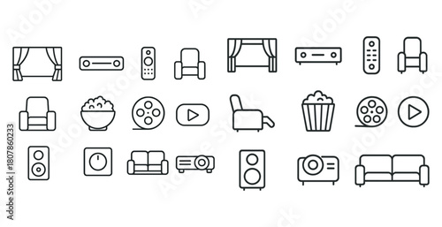 Home theater icon set: recliners, projectors, popcorn, curtains, speakers