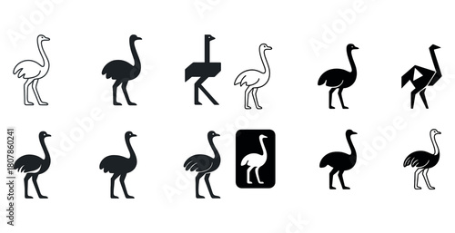 Stylized ostrich silhouettes: diverse artistic designs and geometric variations