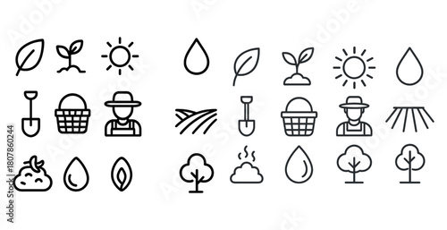 Simple agriculture icons: plants, tools, sun, water, farmer with hat