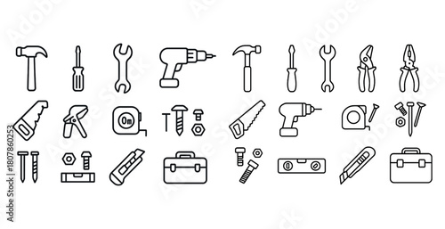 Collection of line art tools including hammer, screwdriver, and saw