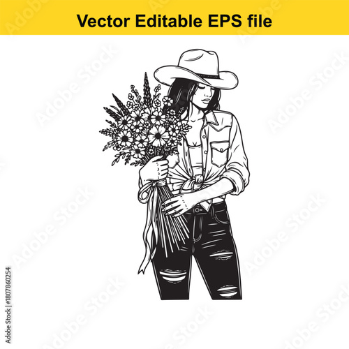 A captivating cowgirl silhouette, isolated on, gracefully holding a bouquet of wildflowers, embodying rustic charm and feminine allure in a timeless design