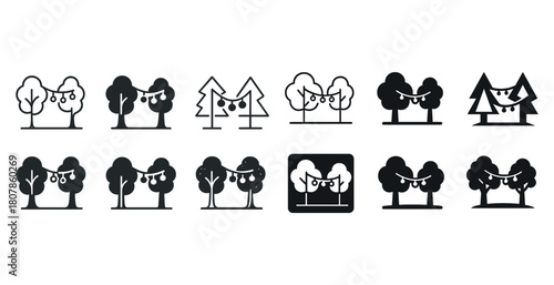 Outdoor string lights on trees icon set in black and white