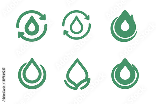 Eco-friendly Irrigation Icons. Eco-friendly irrigation. Icon set. Set Logo of eco-friendly irrigation: water droplet recycling loop. harmonious logo variations