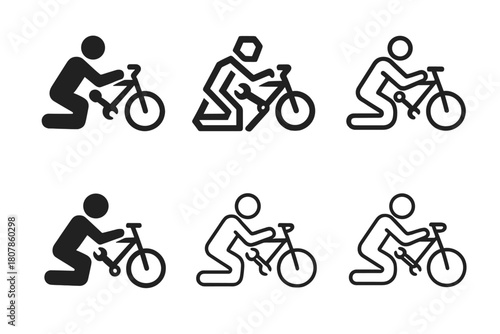 Bicycle Repair Logos. fixing a bicycle. Icon set. Set Logo of fixing a bicycle: tightening bolts on frame. harmonious logo variations of the same emblematic