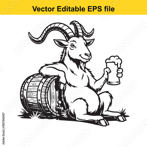 A cheerful goat with a beer mug is sitting on a barrel isolated on a fun illustration for a brewery or beer festival