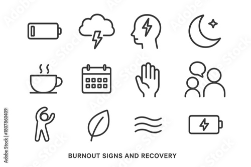 Burnout and Recovery Icons. Burnout signs and recovery. Line icon set of burnout signs and recovery: battery low, stress cloud, headache bolt, sleep moon,