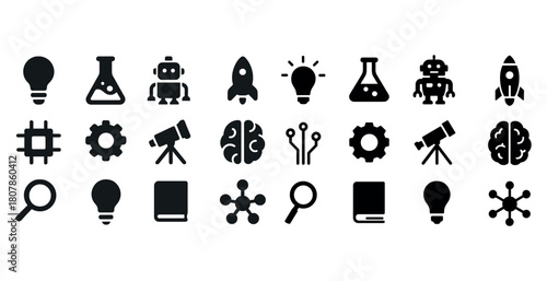 Science and technology icons set: light bulb, flask, robot, rocket, circuit brain, telescope, gear