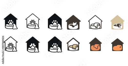 Pet shelter icons: paw, house, bed illustrations in varied styles