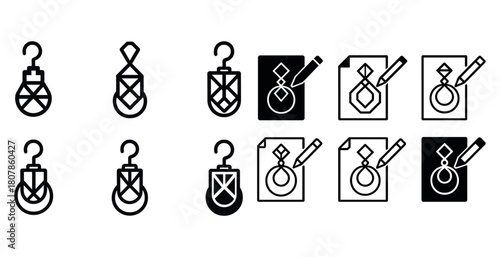 Geometric jewelry design process icons with pencil and paper