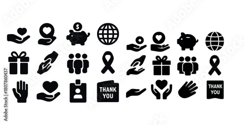 Charity and support icons: hands, hearts, donations, gifts, and community symbols in black
