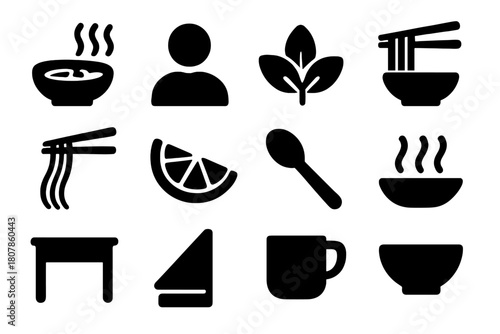 Herb Garnish Icons. Herb Garnish. Solid icon set of Herb Garnish: bowl of pho, person, herbs, chopsticks, noodles, lime wedge, spoon, steam, table, napkin,