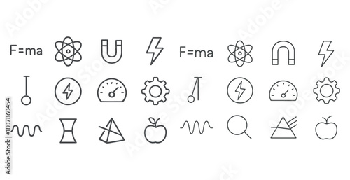 Physics icons set: atoms, magnets, apple, gears, equations, lightning