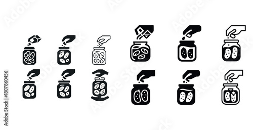 Hand icons adding pickles and ice cubes to jars in various styles