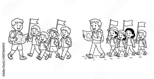 Cartoon children going on a school field trip with flags and maps