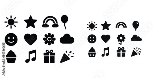 Set of fun black icons: sun, star, rainbow, balloon, smiley, heart, flower, cloud, cupcake, music note, gift, party popper
