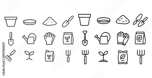 Gardening icon set: tools, plants, and soil essentials in outline style