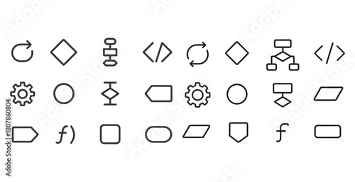Set of minimalist line art flowchart and coding symbols