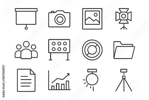 Visual Presentation Icons. Visual Presentation. Line icon set of Visual Presentation: screen, camera, photo frame, light, tripod, crowd, logo wall, lens,