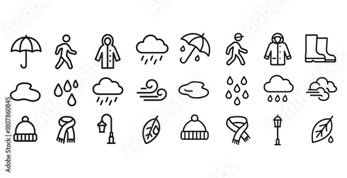 Weather icons: rain, wind, clothing, umbrella, clouds, cold, drops, boots