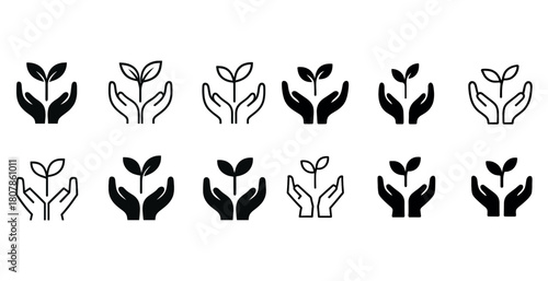 Collection of plant icons in hands symbolizing growth and care