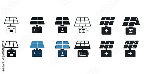 Solar panel battery icon set: clean energy and renewable power symbols