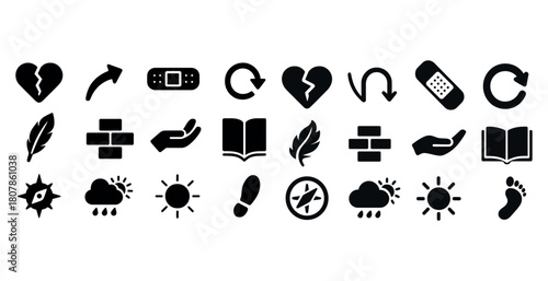 Heart health icons with weather, direction, and healing symbols collection