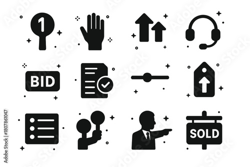 Iconic Auction Elements. Bidding and paddles. Solid icons set of Bidding and paddles: numbered paddle, raised hand, bidding arrows up, phone headset, online