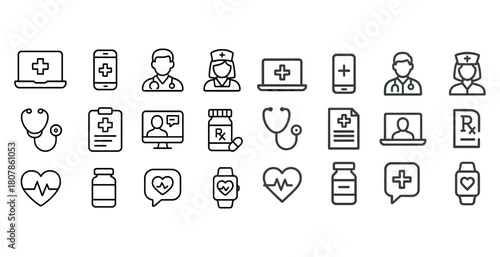 Medical icons set featuring doctors, nurses, and healthcare equipment
