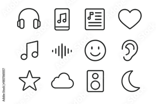 Music Icon Set. Music lovers. Line icon set of music lovers: headphones, heart, music note, vinyl record, speaker, smartphone, microphone, guitar, piano keys,