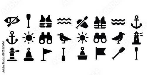 Nautical icons including anchor, lighthouse, life vest, paddle, and seagull silhouettes