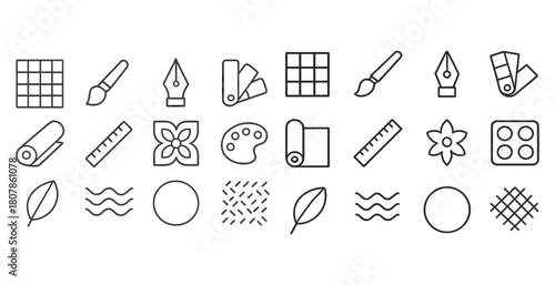Minimalist design icons: brushes, palette, rulers, patterns, leaves