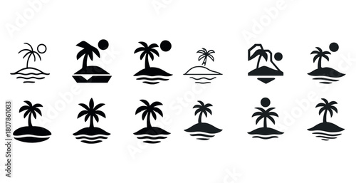 Set of twelve minimalist palm tree icons in various styles and designs