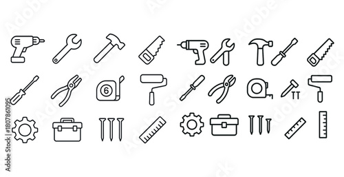 Set of 24 simple black line icons of common tools for diy projects