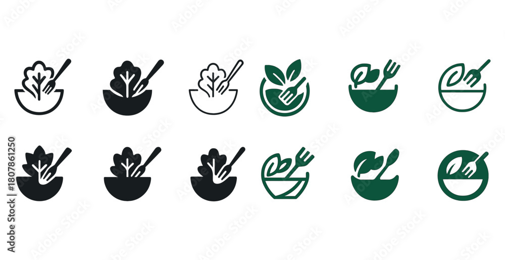 Fototapeta premium Set of salad bowl icons with leaf and fork designs in black and green
