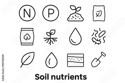 Soil Nutrient Icons. Soil nutrients. Line icon set of Soil nutrients: nitrogen symbol, phosphorus symbol, potassium symbol, fertilizer bag, compost, plant