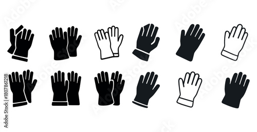 Set of black and white glove icons in various styles